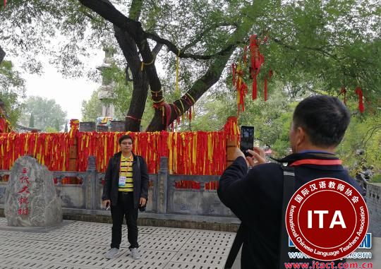 2017年“华文教育·示范学校华教机构负责人华夏行”活动嘉宾在洪洞大槐树下留影。　杨杰英 摄