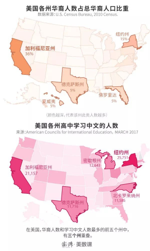 美国各州华裔人数占华裔人口比重与各州高中学习中文人数(澎湃新闻制图 数据来源US Census Bureau.)